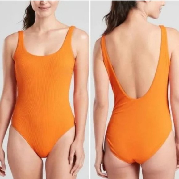 Athleta orange one piece ribbed swim suit scoop back shelf bra size medium - Picture 1 of 5